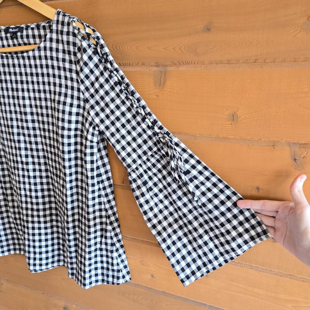 Madewell Top Gingham Bell Sleeve Lace Up Bow Blouse S Black White Retro Shirt - Picture 3 of 6